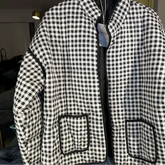 Yeokou Women's Cropped Puffer/Quilted Lightweight Jacket in Black White Gingham - Picture 3 of 11